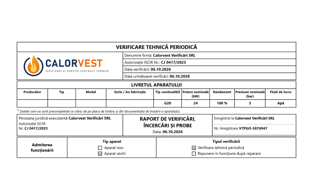 Prima pagină a raportului tipărit: Raport de verificări, încercări și probe, cu datele firmei, ale clientului și ale aparatului.