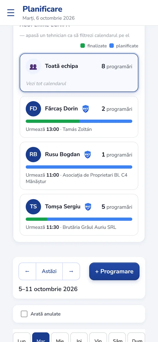 Planificarea pe telefon: echipa, tehnicienii și programările fiecăruia.