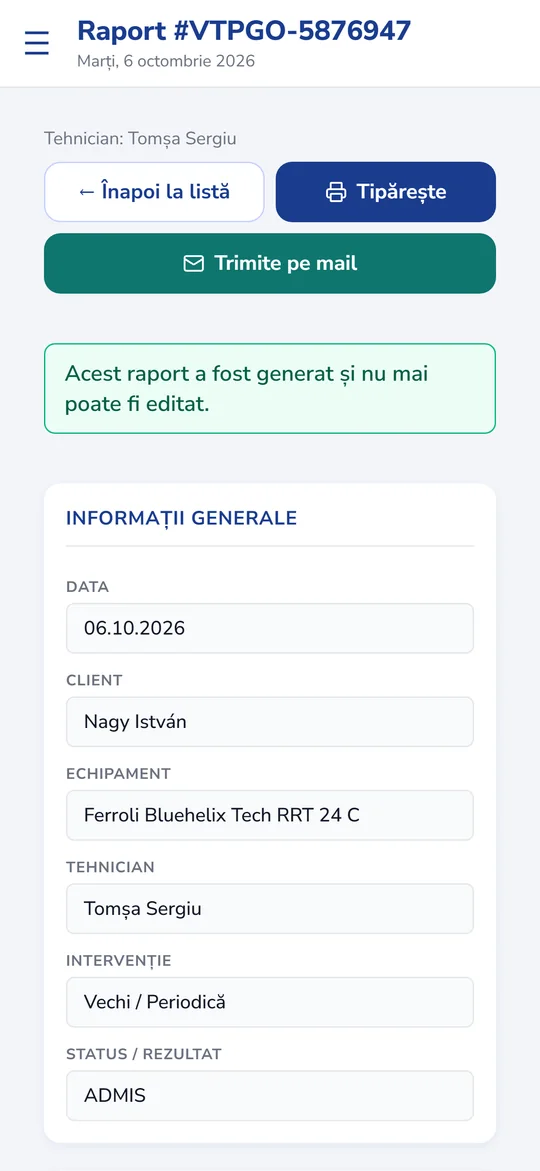 Un raport generat, pe telefon, gata de tipărit sau de trimis clientului pe e-mail.